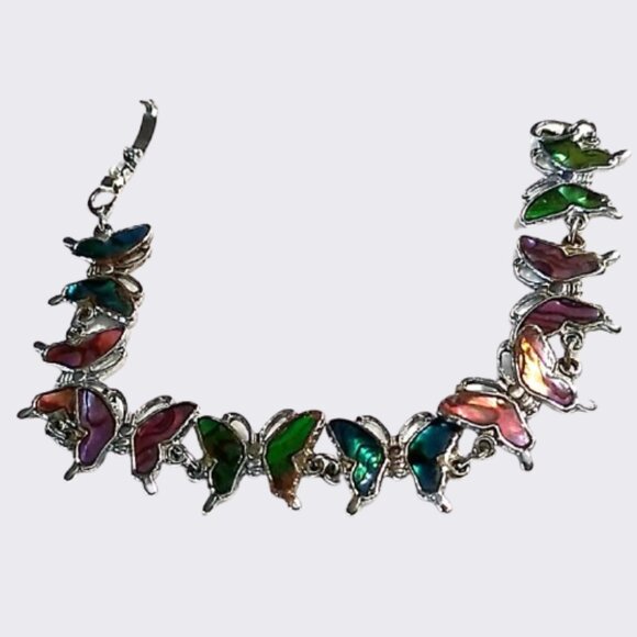 Vintage Abalone Butterfly Inlay Motif Silver-tone Delicate Link Bracelet - Picture 3 of 16